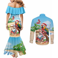 Personalized Hawaii Santa Parrot Christmas Couples Matching Mermaid Dress and Long Sleeve Button Shirt Summer Vibe - Wonder Print Shop
