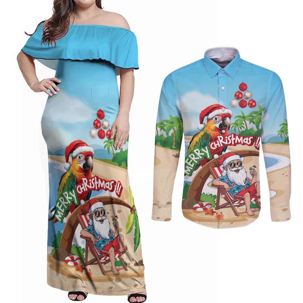Personalized Hawaii Santa Parrot Christmas Couples Matching Off Shoulder Maxi Dress and Long Sleeve Button Shirt Summer Vibe - Wonder Print Shop