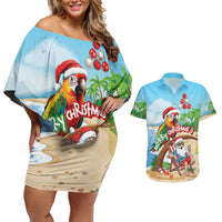 Personalized Hawaii Santa Parrot Christmas Couples Matching Off Shoulder Short Dress and Hawaiian Shirt Summer Vibe - Wonder Print Shop