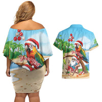 Personalized Hawaii Santa Parrot Christmas Couples Matching Off Shoulder Short Dress and Hawaiian Shirt Summer Vibe - Wonder Print Shop