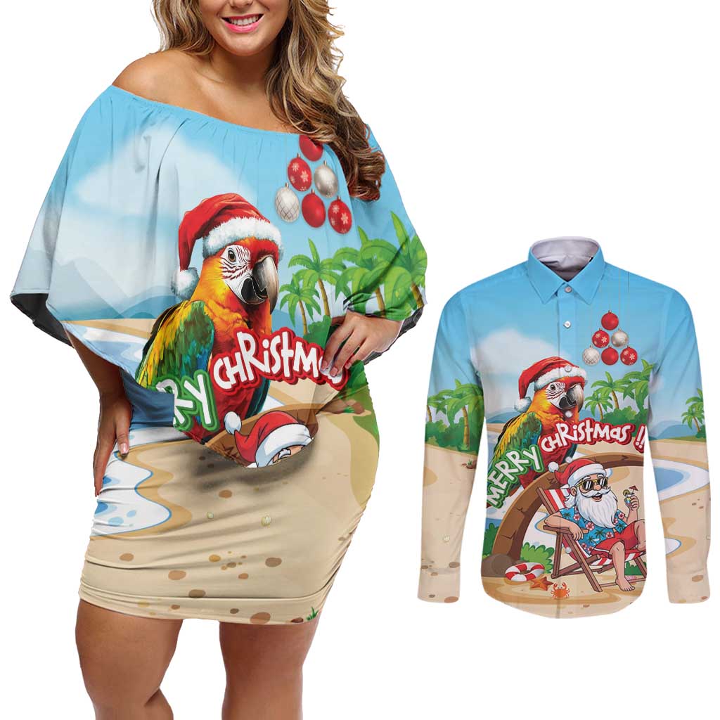 Personalized Hawaii Santa Parrot Christmas Couples Matching Off Shoulder Short Dress and Long Sleeve Button Shirt Summer Vibe - Wonder Print Shop