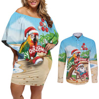 Personalized Hawaii Santa Parrot Christmas Couples Matching Off Shoulder Short Dress and Long Sleeve Button Shirt Summer Vibe - Wonder Print Shop