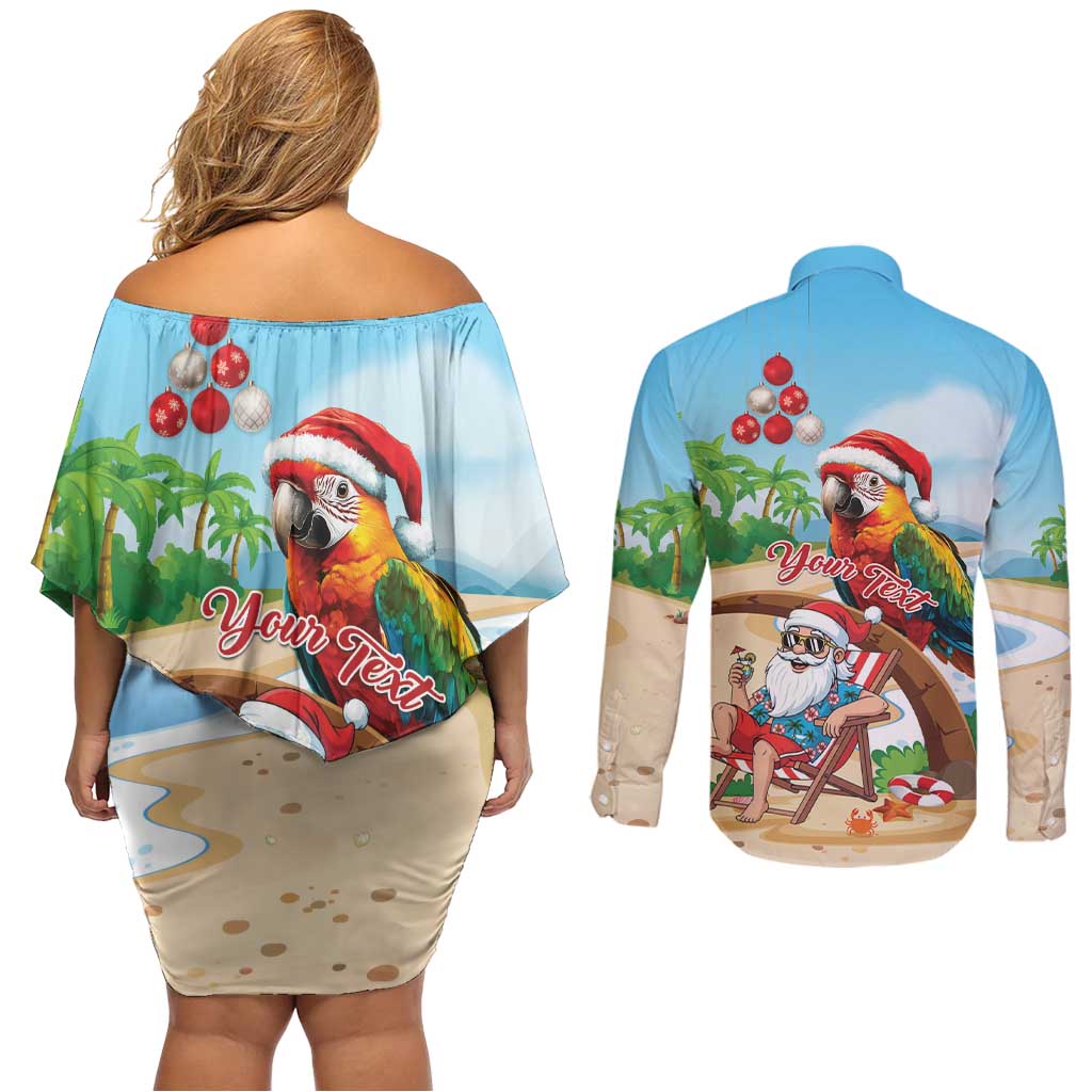 Personalized Hawaii Santa Parrot Christmas Couples Matching Off Shoulder Short Dress and Long Sleeve Button Shirt Summer Vibe - Wonder Print Shop