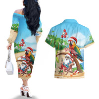 Personalized Hawaii Santa Parrot Christmas Couples Matching Off The Shoulder Long Sleeve Dress and Hawaiian Shirt Summer Vibe - Wonder Print Shop