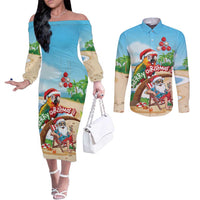 Personalized Hawaii Santa Parrot Christmas Couples Matching Off The Shoulder Long Sleeve Dress and Long Sleeve Button Shirt Summer Vibe - Wonder Print Shop