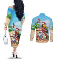 Personalized Hawaii Santa Parrot Christmas Couples Matching Off The Shoulder Long Sleeve Dress and Long Sleeve Button Shirt Summer Vibe - Wonder Print Shop