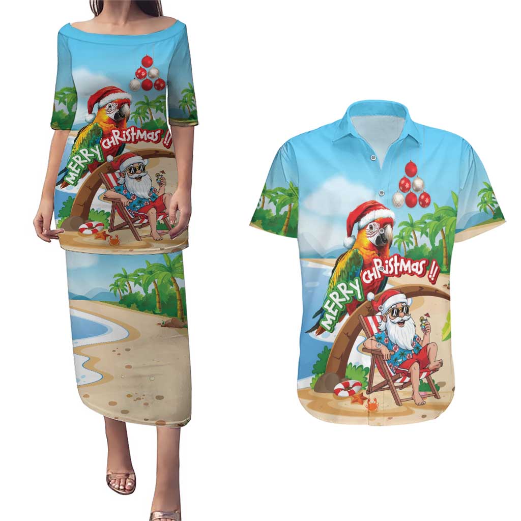 Personalized Hawaii Santa Parrot Christmas Couples Matching Puletasi and Hawaiian Shirt Summer Vibe - Wonder Print Shop