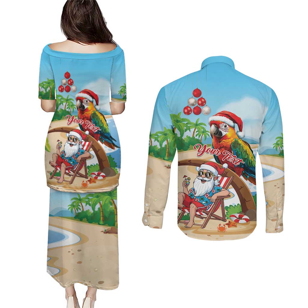 Personalized Hawaii Santa Parrot Christmas Couples Matching Puletasi and Long Sleeve Button Shirt Summer Vibe - Wonder Print Shop