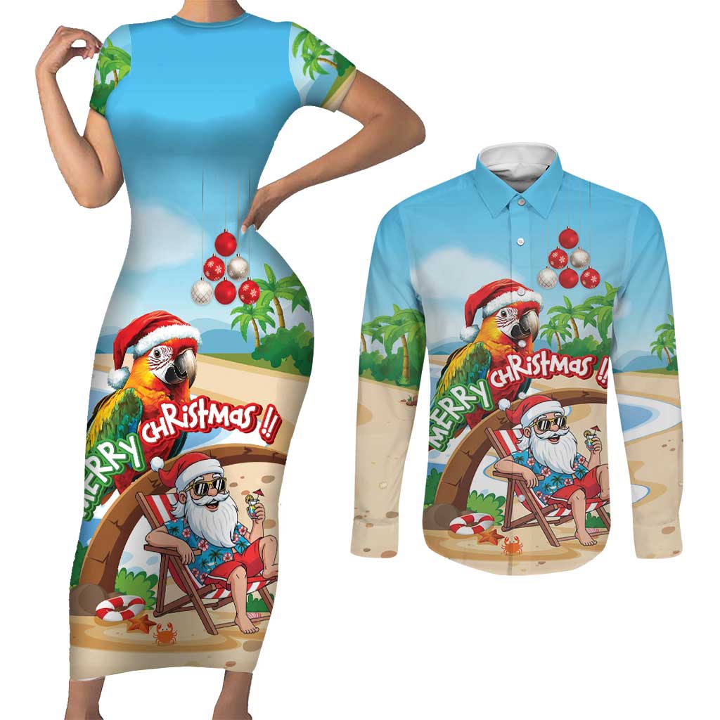 Personalized Hawaii Santa Parrot Christmas Couples Matching Short Sleeve Bodycon Dress and Long Sleeve Button Shirt Summer Vibe - Wonder Print Shop