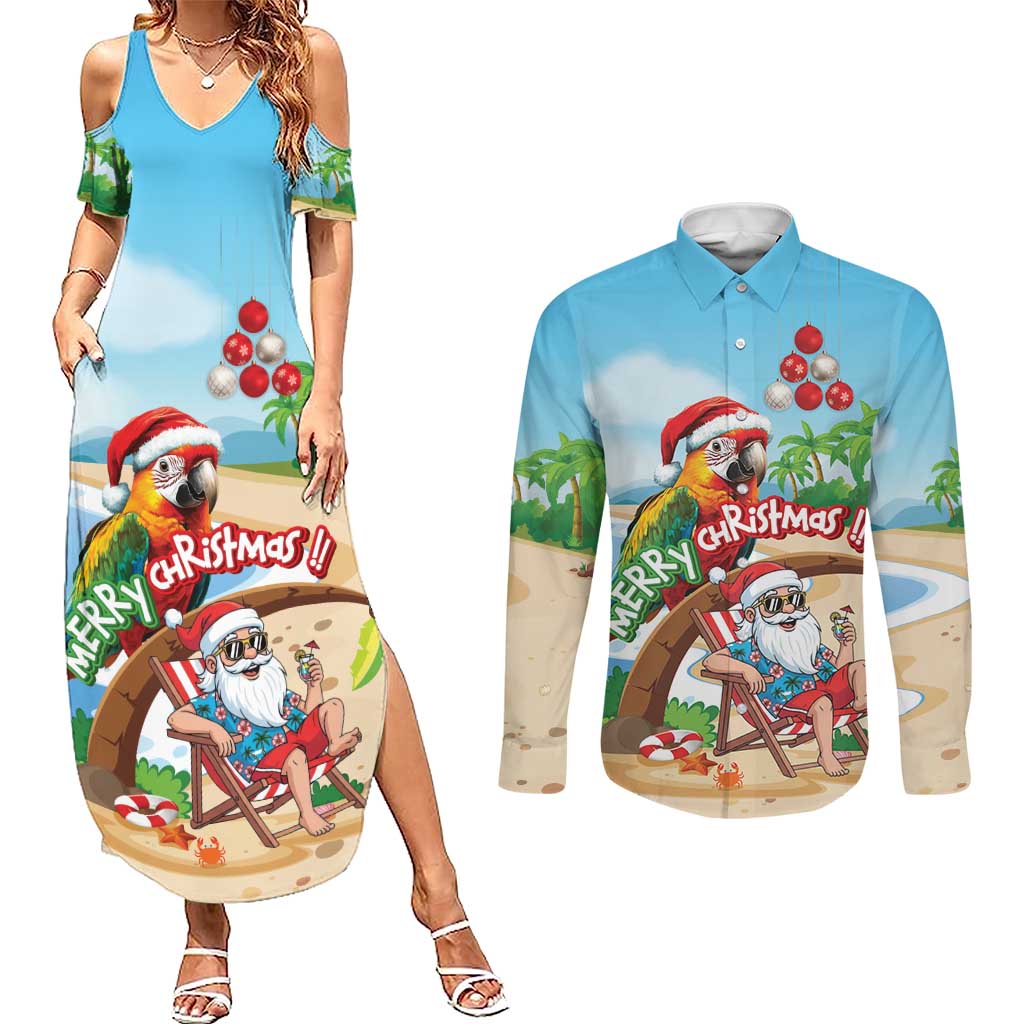 Personalized Hawaii Santa Parrot Christmas Couples Matching Summer Maxi Dress and Long Sleeve Button Shirt Summer Vibe - Wonder Print Shop