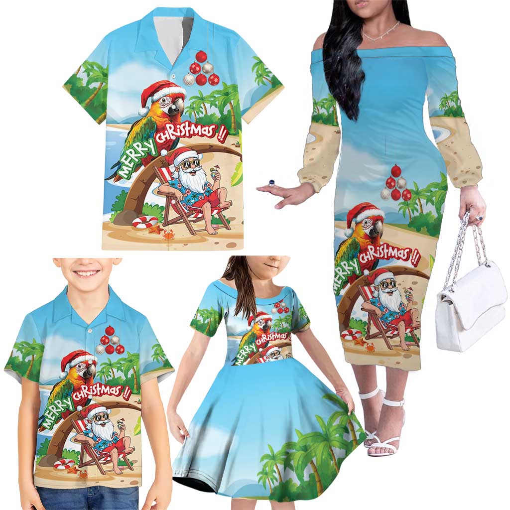 Personalized Hawaii Santa Parrot Christmas Family Matching Off The Shoulder Long Sleeve Dress and Hawaiian Shirt Summer Vibe - Wonder Print Shop