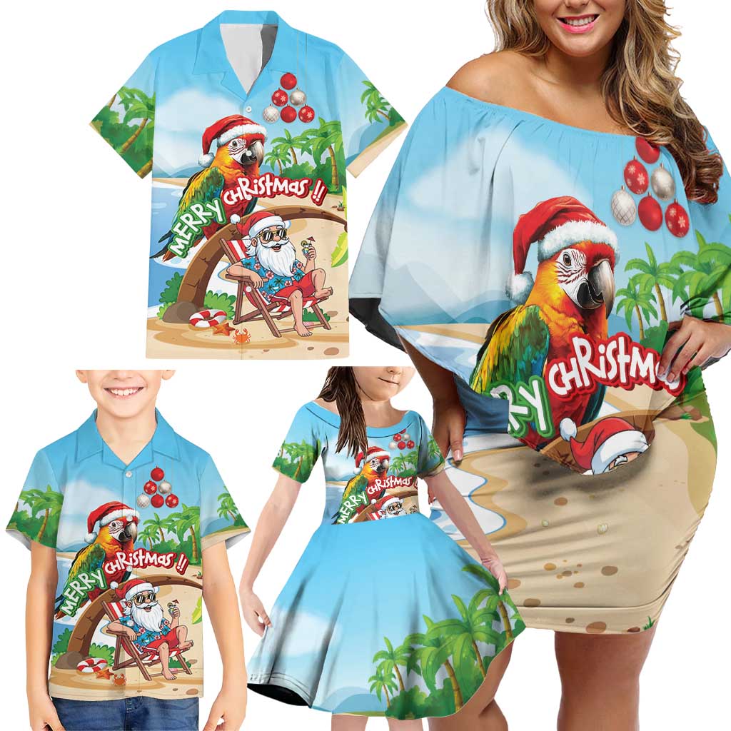 Personalized Hawaii Santa Parrot Christmas Family Matching Off Shoulder Short Dress and Hawaiian Shirt Summer Vibe - Wonder Print Shop