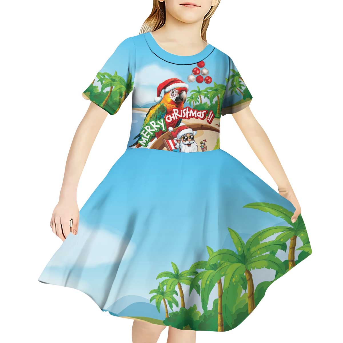 Personalized Hawaii Santa Parrot Christmas Kid Short Sleeve Dress Summer Vibe - Wonder Print Shop