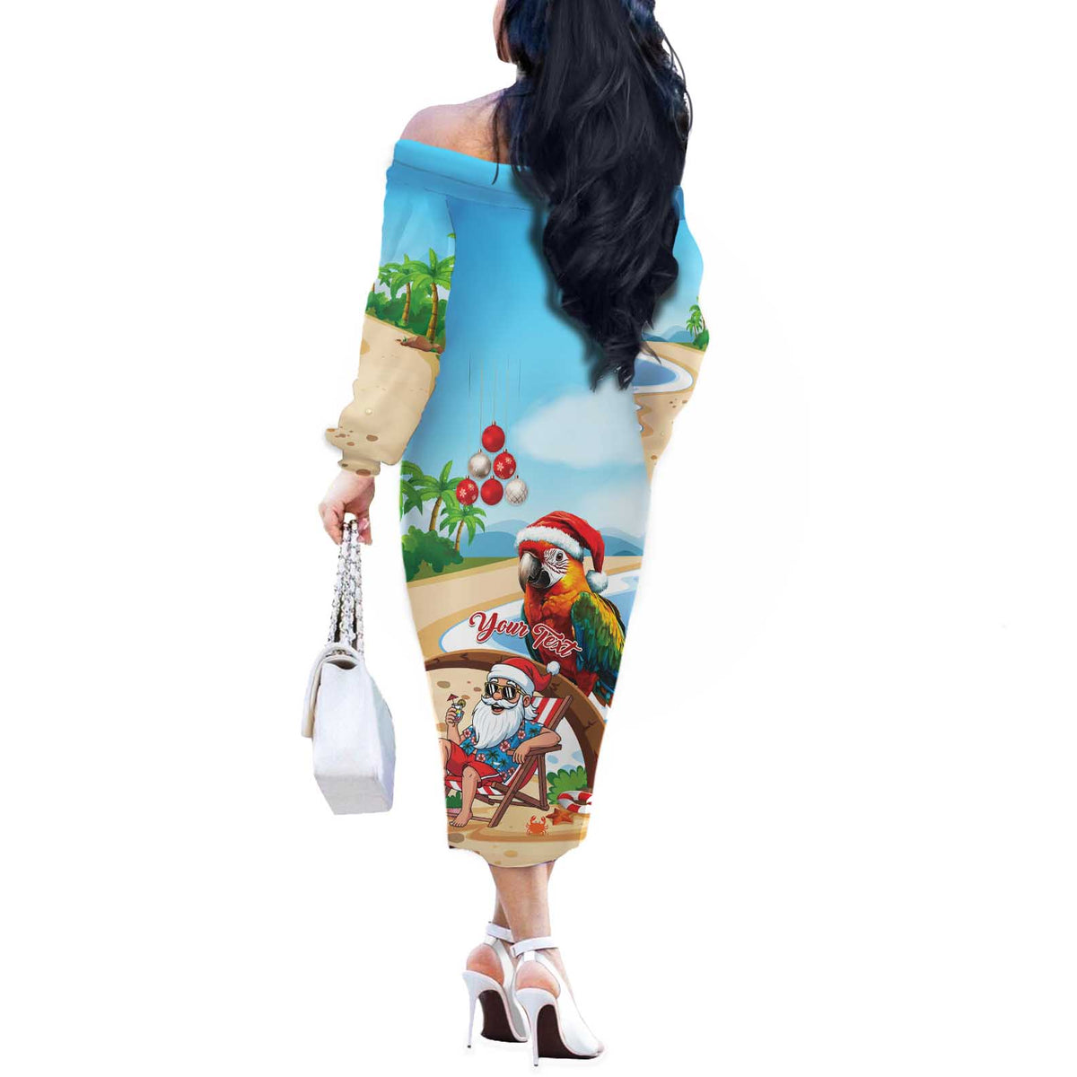 Personalized Hawaii Santa Parrot Christmas Off The Shoulder Long Sleeve Dress Summer Vibe - Wonder Print Shop