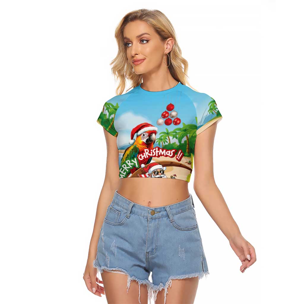 Personalized Hawaii Santa Parrot Christmas Raglan Cropped T Shirt Summer Vibe - Wonder Print Shop