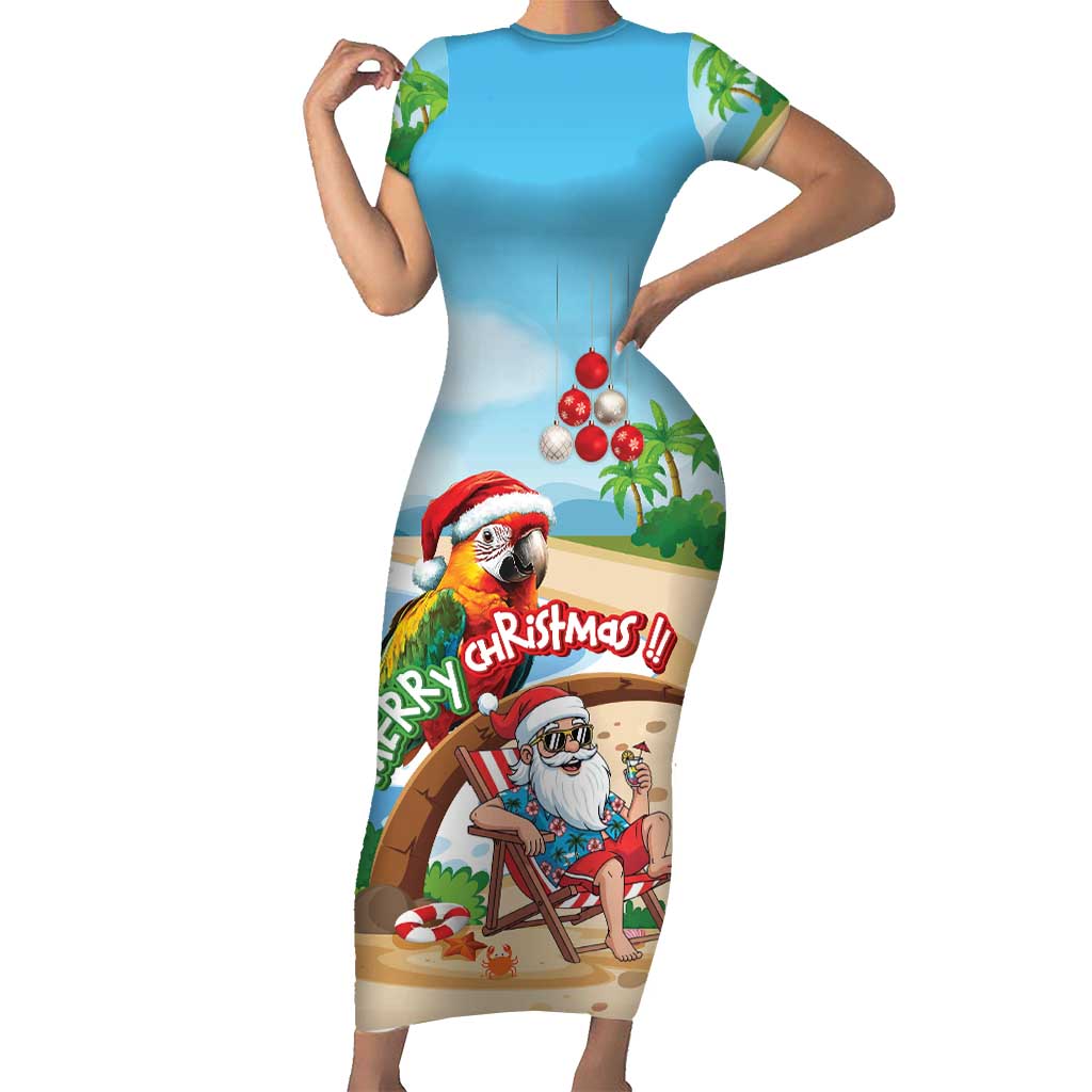 Personalized Hawaii Santa Parrot Christmas Short Sleeve Bodycon Dress Summer Vibe - Wonder Print Shop