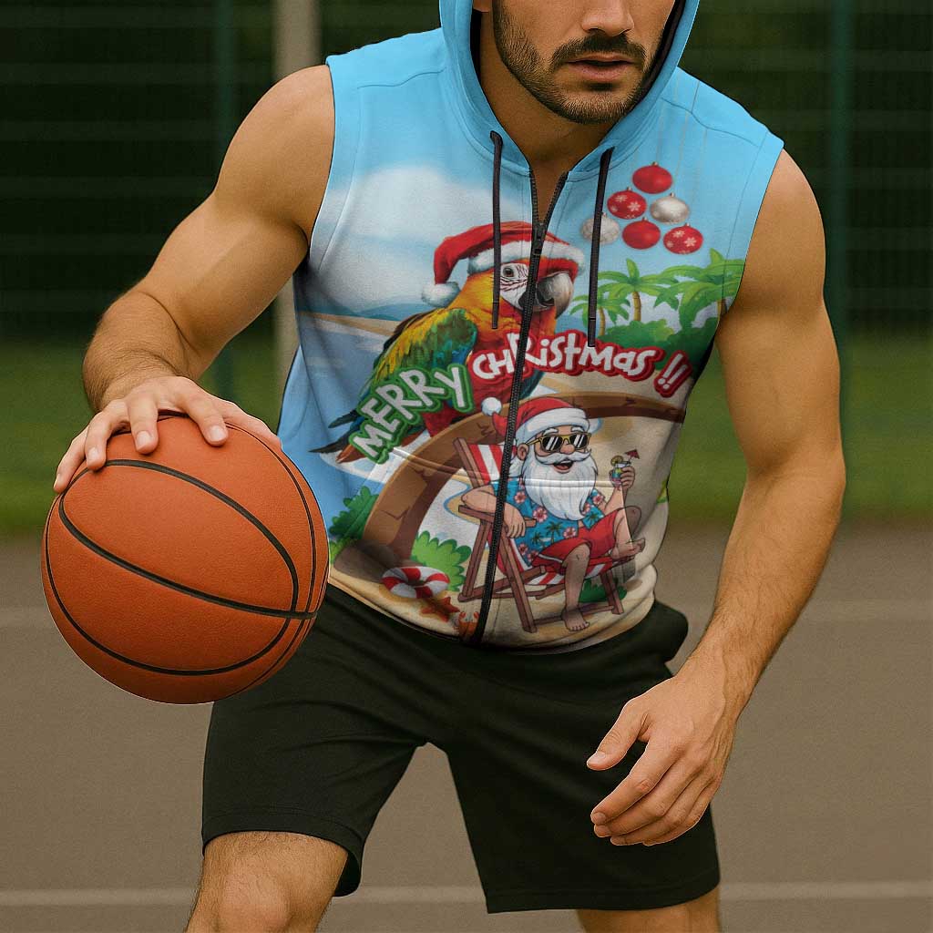 Personalized Hawaii Santa Parrot Christmas Sleeveless Zip Hoodie Summer Vibe - Wonder Print Shop
