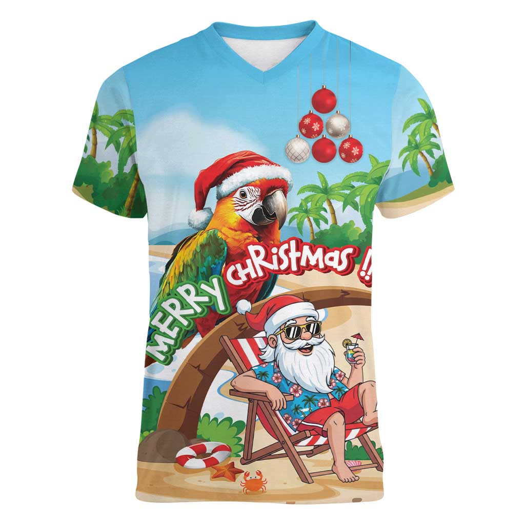 Personalized Hawaii Santa Parrot Christmas Women V-Neck T-Shirt Summer Vibe - Wonder Print Shop