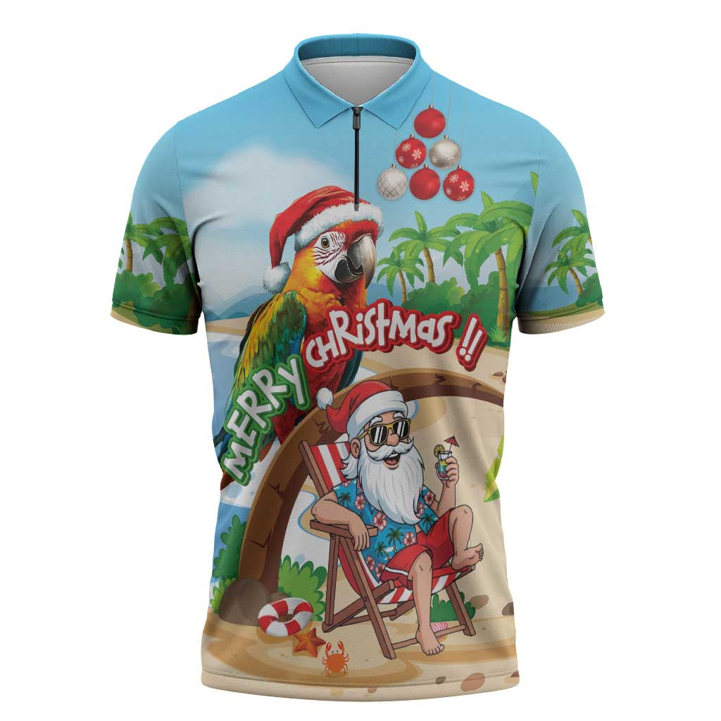 Personalized Hawaii Santa Parrot Christmas Zipper Polo Shirt Summer Vibe - Wonder Print Shop