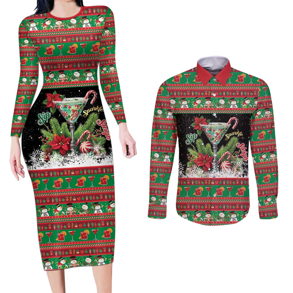 Sip Sparkle Sleigh Christmas Margarita Couples Matching Long Sleeve Bodycon Dress and Long Sleeve Button Shirt Funny Christmas Spirit - Wonder Print Shop