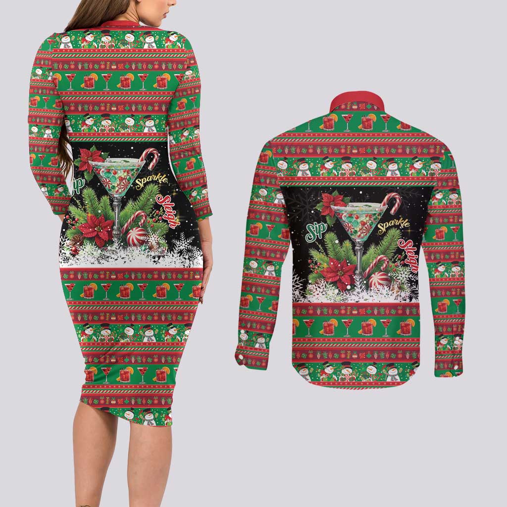 Sip Sparkle Sleigh Christmas Margarita Couples Matching Long Sleeve Bodycon Dress and Long Sleeve Button Shirt Funny Christmas Spirit - Wonder Print Shop