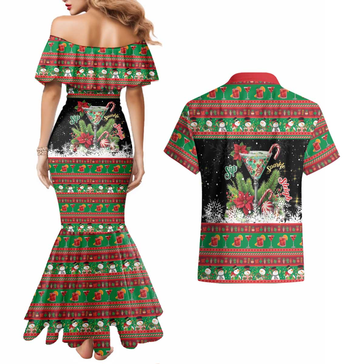 Sip Sparkle Sleigh Christmas Margarita Couples Matching Mermaid Dress and Hawaiian Shirt Funny Christmas Spirit - Wonder Print Shop