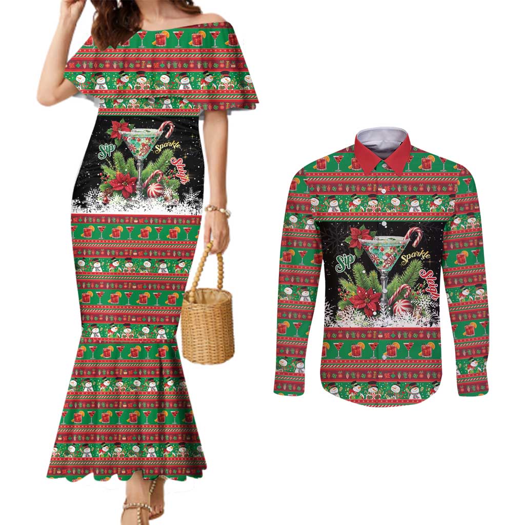 Sip Sparkle Sleigh Christmas Margarita Couples Matching Mermaid Dress and Long Sleeve Button Shirt Funny Christmas Spirit - Wonder Print Shop
