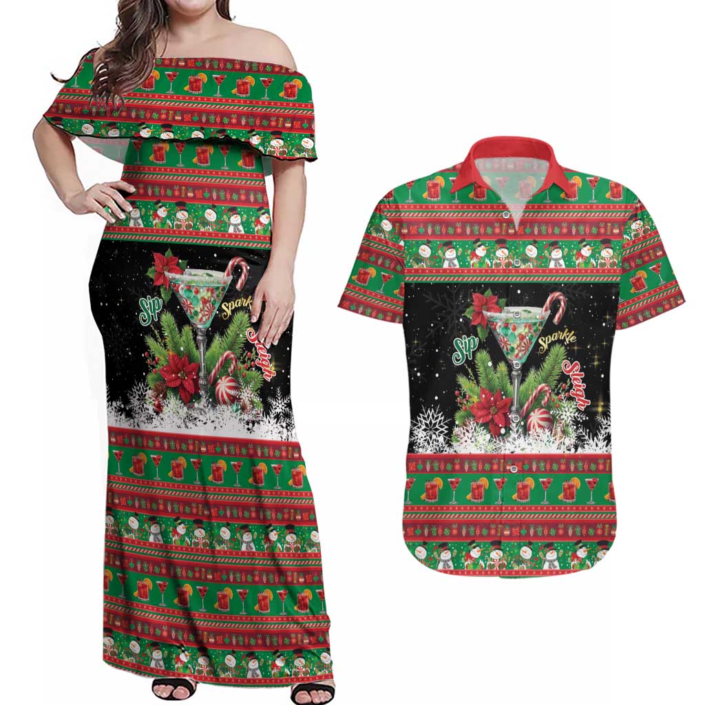 Sip Sparkle Sleigh Christmas Margarita Couples Matching Off Shoulder Maxi Dress and Hawaiian Shirt Funny Christmas Spirit - Wonder Print Shop