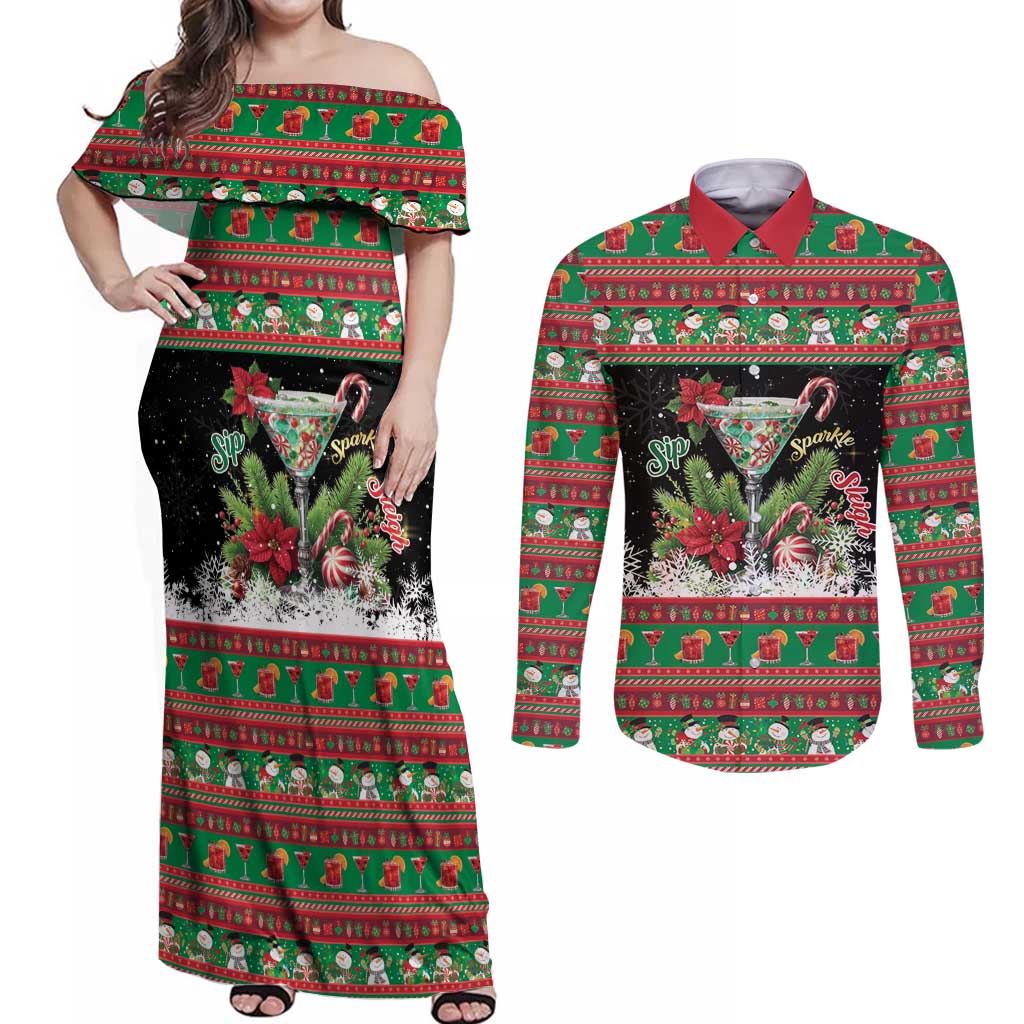 Sip Sparkle Sleigh Christmas Margarita Couples Matching Off Shoulder Maxi Dress and Long Sleeve Button Shirt Funny Christmas Spirit - Wonder Print Shop