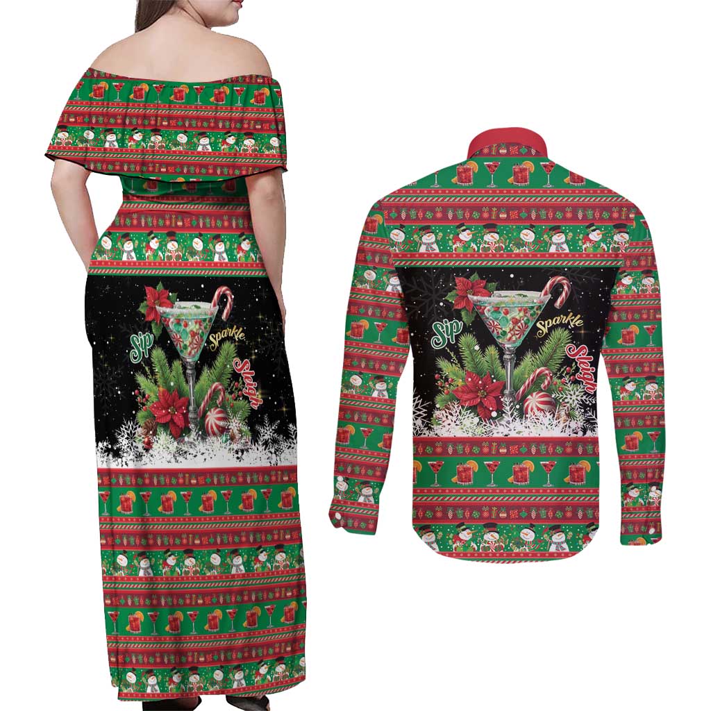 Sip Sparkle Sleigh Christmas Margarita Couples Matching Off Shoulder Maxi Dress and Long Sleeve Button Shirt Funny Christmas Spirit - Wonder Print Shop