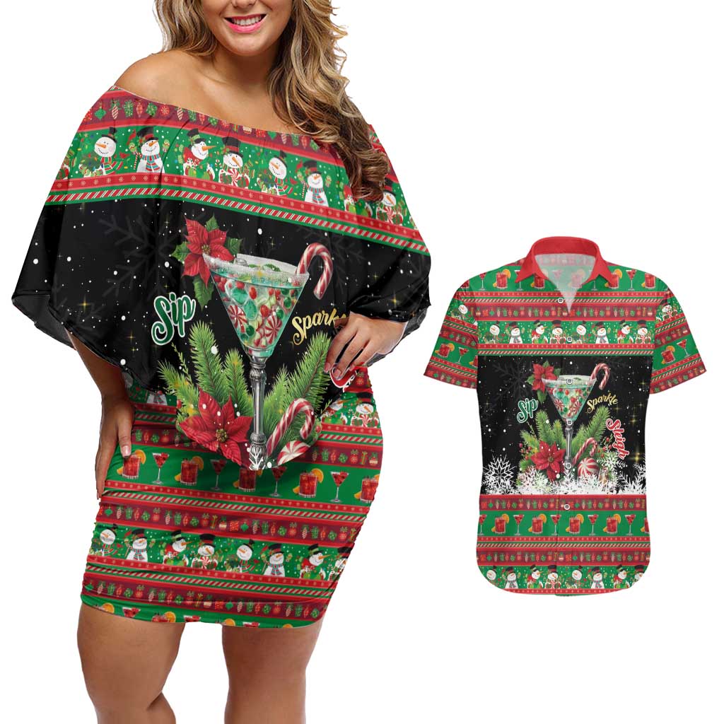 Sip Sparkle Sleigh Christmas Margarita Couples Matching Off Shoulder Short Dress and Hawaiian Shirt Funny Christmas Spirit - Wonder Print Shop
