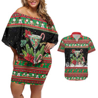 Sip Sparkle Sleigh Christmas Margarita Couples Matching Off Shoulder Short Dress and Hawaiian Shirt Funny Christmas Spirit - Wonder Print Shop