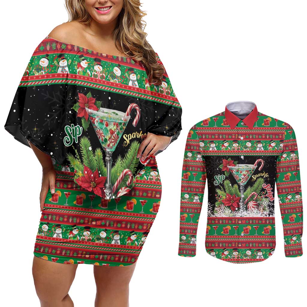 Sip Sparkle Sleigh Christmas Margarita Couples Matching Off Shoulder Short Dress and Long Sleeve Button Shirt Funny Christmas Spirit - Wonder Print Shop