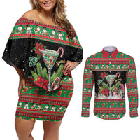 Sip Sparkle Sleigh Christmas Margarita Couples Matching Off Shoulder Short Dress and Long Sleeve Button Shirt Funny Christmas Spirit - Wonder Print Shop