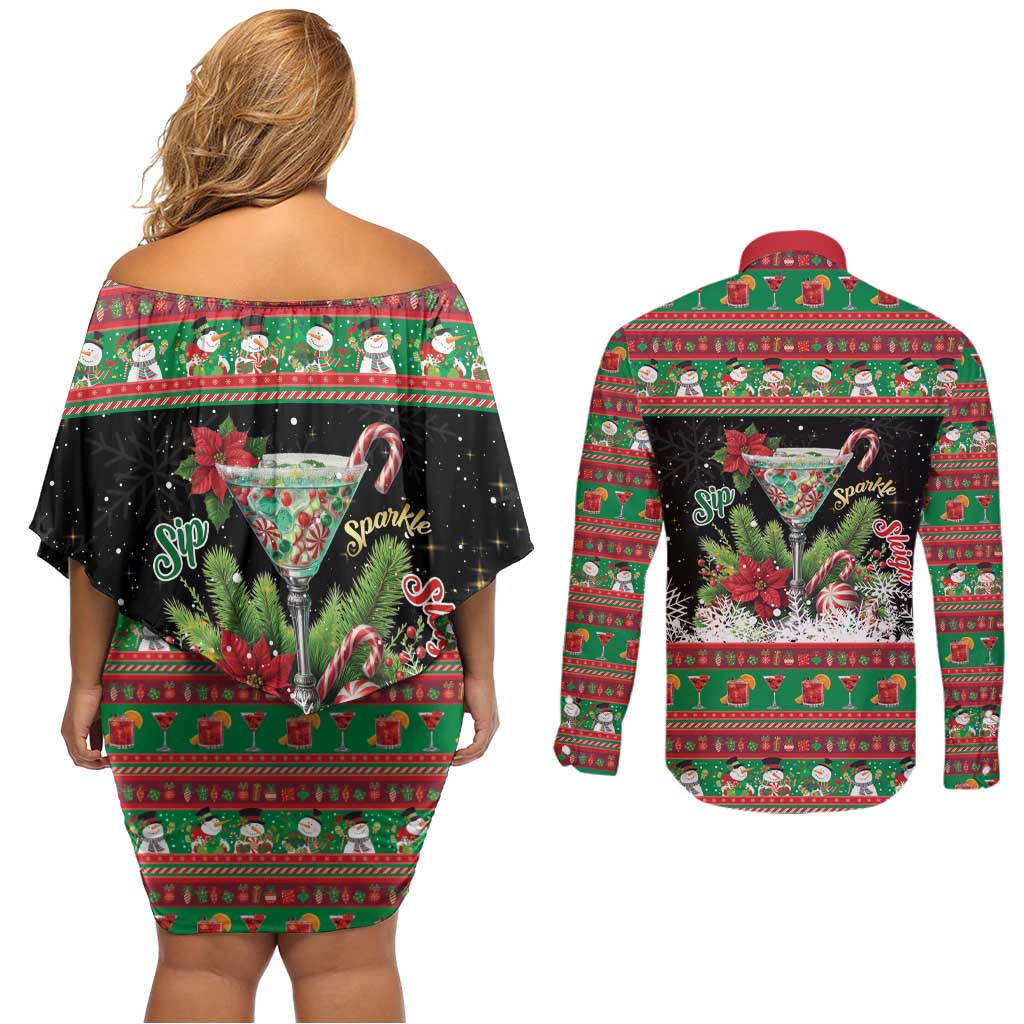 Sip Sparkle Sleigh Christmas Margarita Couples Matching Off Shoulder Short Dress and Long Sleeve Button Shirt Funny Christmas Spirit - Wonder Print Shop