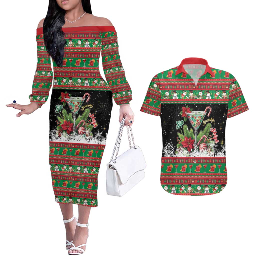 Sip Sparkle Sleigh Christmas Margarita Couples Matching Off The Shoulder Long Sleeve Dress and Hawaiian Shirt Funny Christmas Spirit - Wonder Print Shop