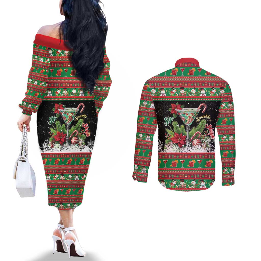 Sip Sparkle Sleigh Christmas Margarita Couples Matching Off The Shoulder Long Sleeve Dress and Long Sleeve Button Shirt Funny Christmas Spirit - Wonder Print Shop