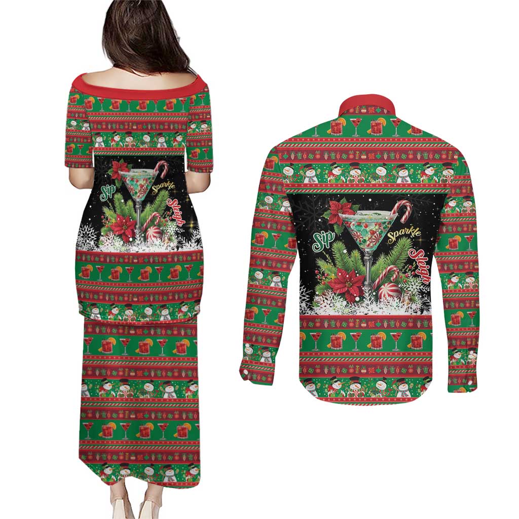 Sip Sparkle Sleigh Christmas Margarita Couples Matching Puletasi and Long Sleeve Button Shirt Funny Christmas Spirit - Wonder Print Shop