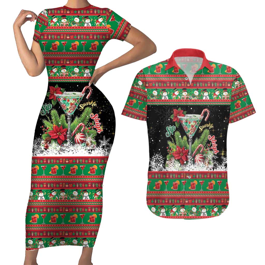 Sip Sparkle Sleigh Christmas Margarita Couples Matching Short Sleeve Bodycon Dress and Hawaiian Shirt Funny Christmas Spirit - Wonder Print Shop