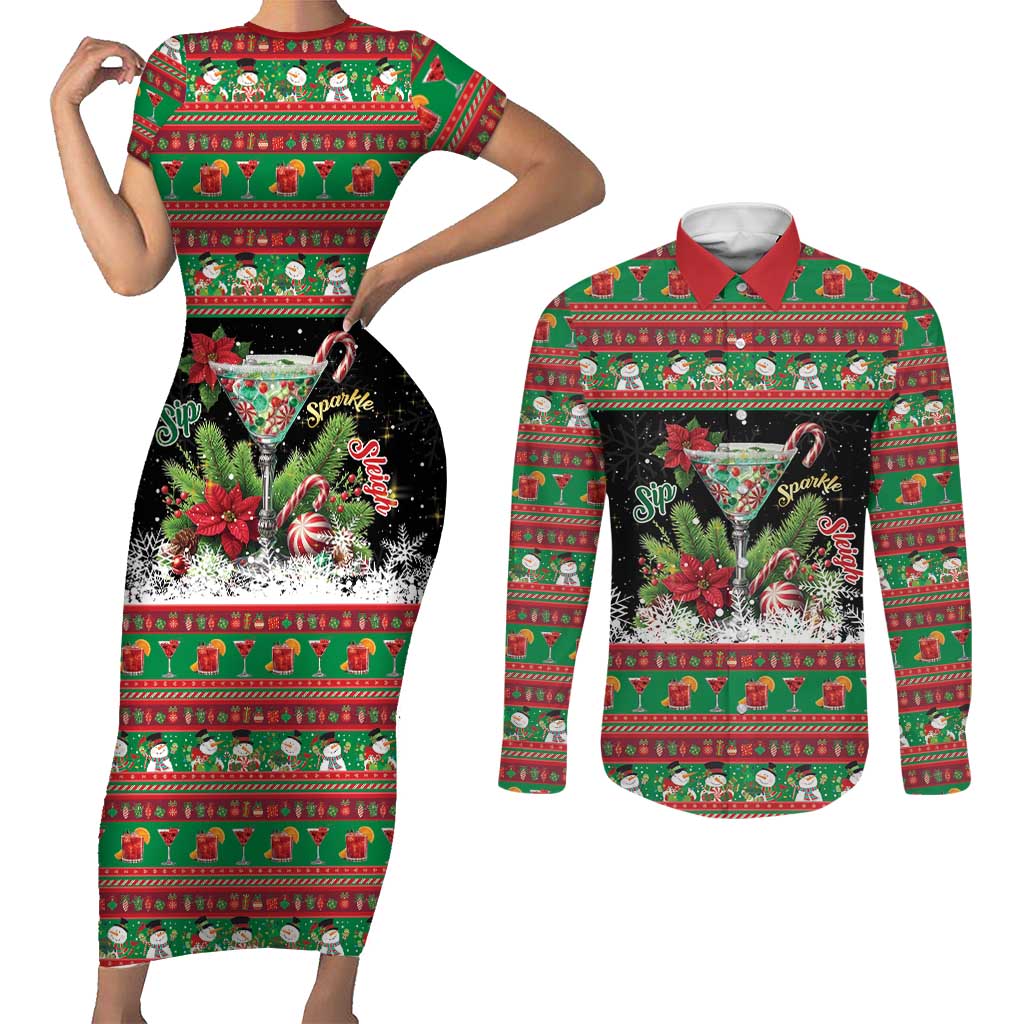 Sip Sparkle Sleigh Christmas Margarita Couples Matching Short Sleeve Bodycon Dress and Long Sleeve Button Shirt Funny Christmas Spirit - Wonder Print Shop