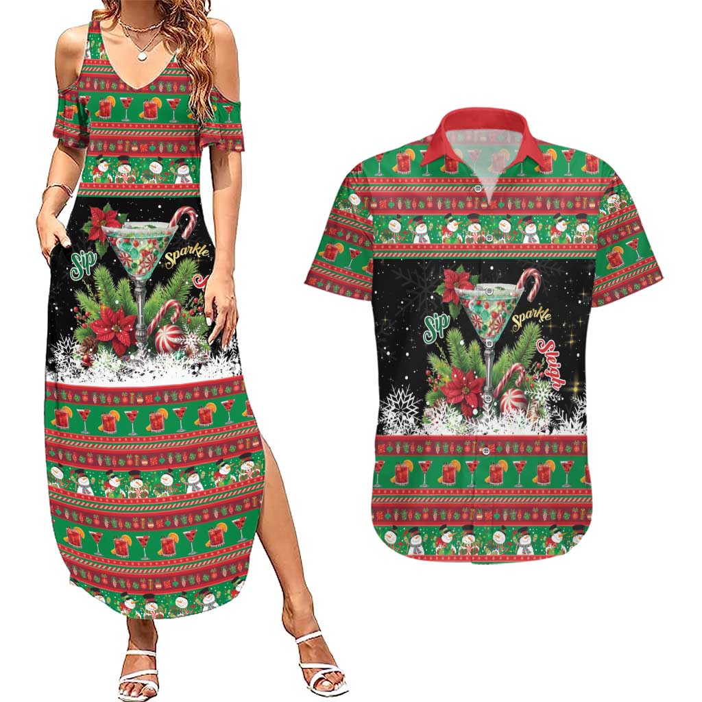 Sip Sparkle Sleigh Christmas Margarita Couples Matching Summer Maxi Dress and Hawaiian Shirt Funny Christmas Spirit - Wonder Print Shop