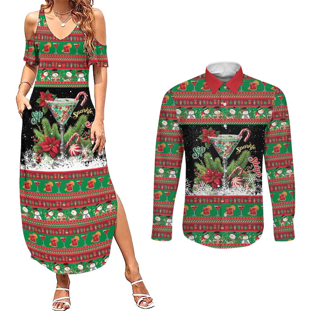Sip Sparkle Sleigh Christmas Margarita Couples Matching Summer Maxi Dress and Long Sleeve Button Shirt Funny Christmas Spirit - Wonder Print Shop