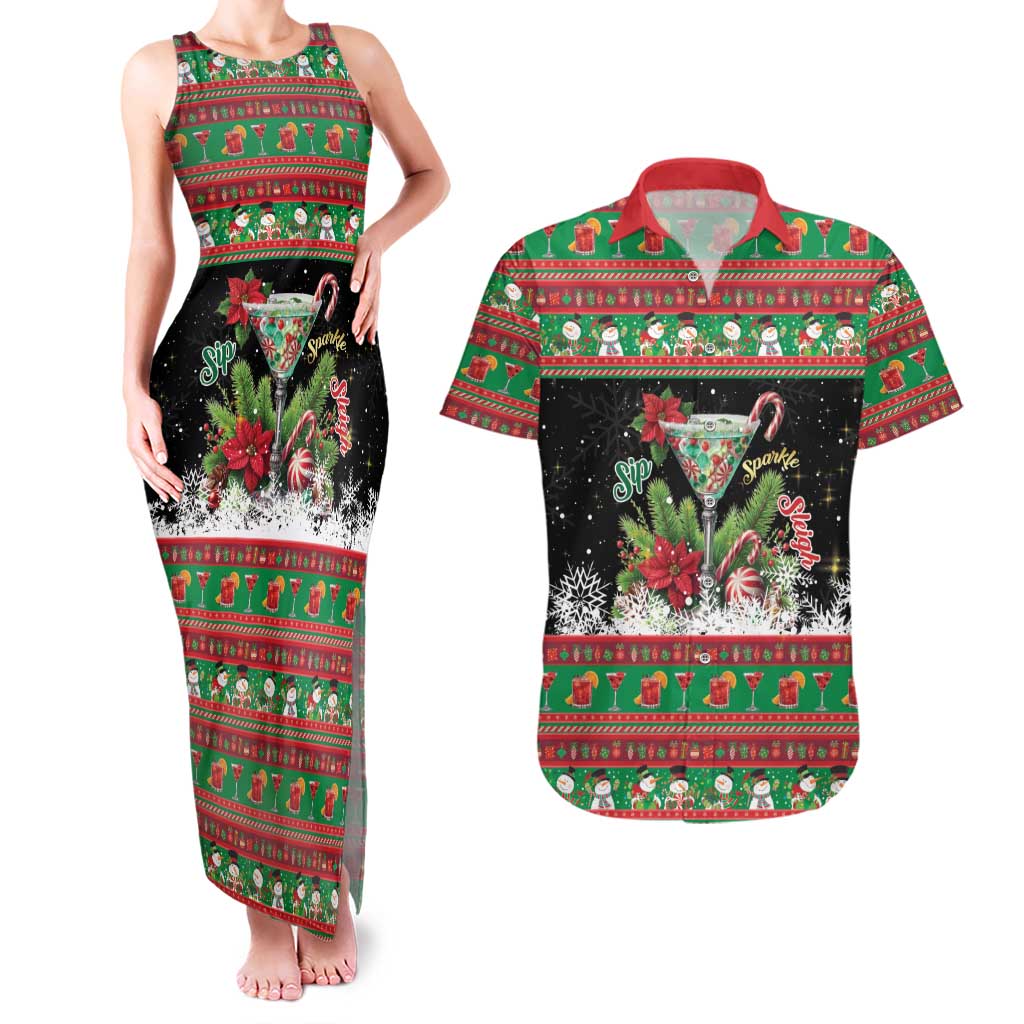 Sip Sparkle Sleigh Christmas Margarita Couples Matching Tank Maxi Dress and Hawaiian Shirt Funny Christmas Spirit - Wonder Print Shop