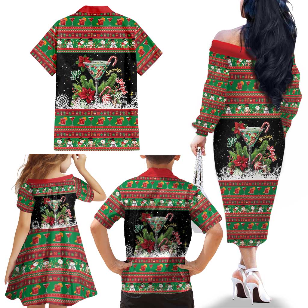 Sip Sparkle Sleigh Christmas Margarita Family Matching Off The Shoulder Long Sleeve Dress and Hawaiian Shirt Funny Christmas Spirit - Wonder Print Shop