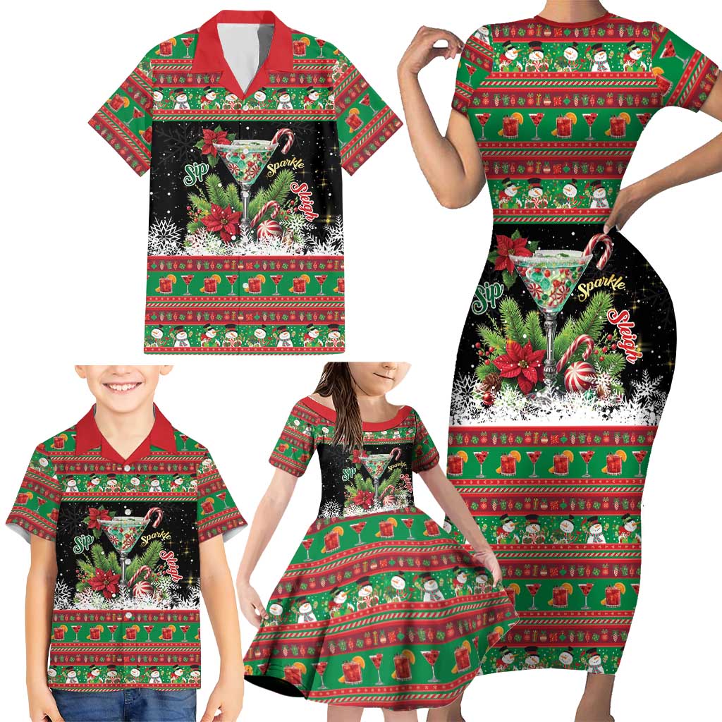 Sip Sparkle Sleigh Christmas Margarita Family Matching Short Sleeve Bodycon Dress and Hawaiian Shirt Funny Christmas Spirit - Wonder Print Shop