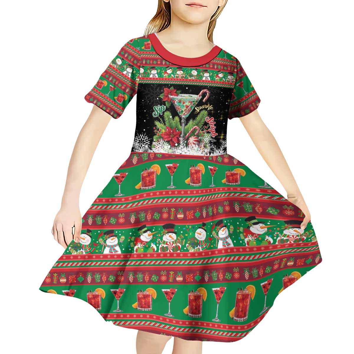 Sip Sparkle Sleigh Christmas Margarita Kid Short Sleeve Dress Funny Christmas Spirit - Wonder Print Shop