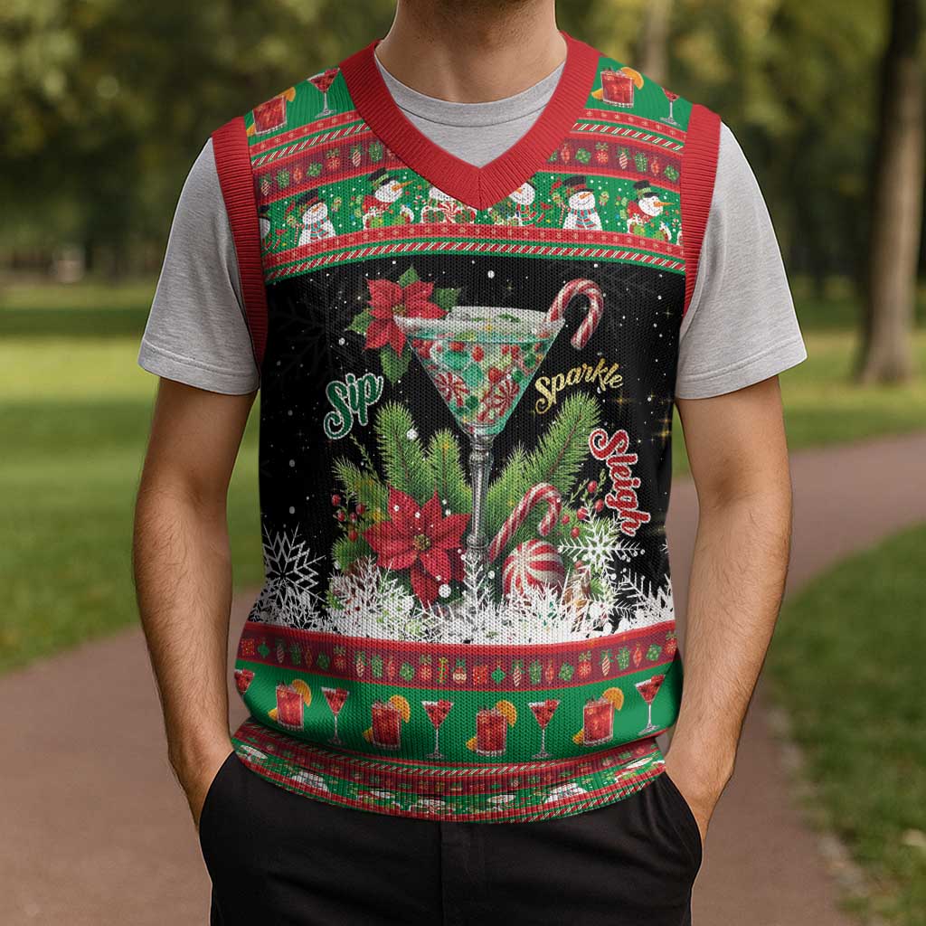 Sip Sparkle Sleigh Christmas Margarita Christmas Knitted V-Neck Vest Funny Christmas Spirit - Wonder Print Shop