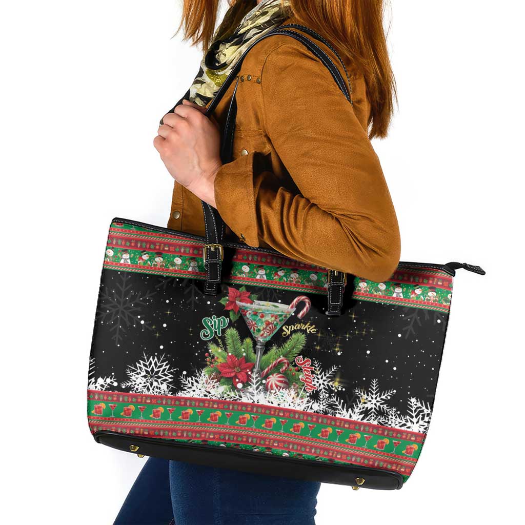 Sip Sparkle Sleigh Christmas Margarita Leather Tote Bag Funny Christmas Spirit - Wonder Print Shop