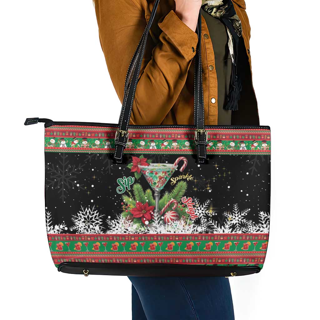 Sip Sparkle Sleigh Christmas Margarita Leather Tote Bag Funny Christmas Spirit - Wonder Print Shop