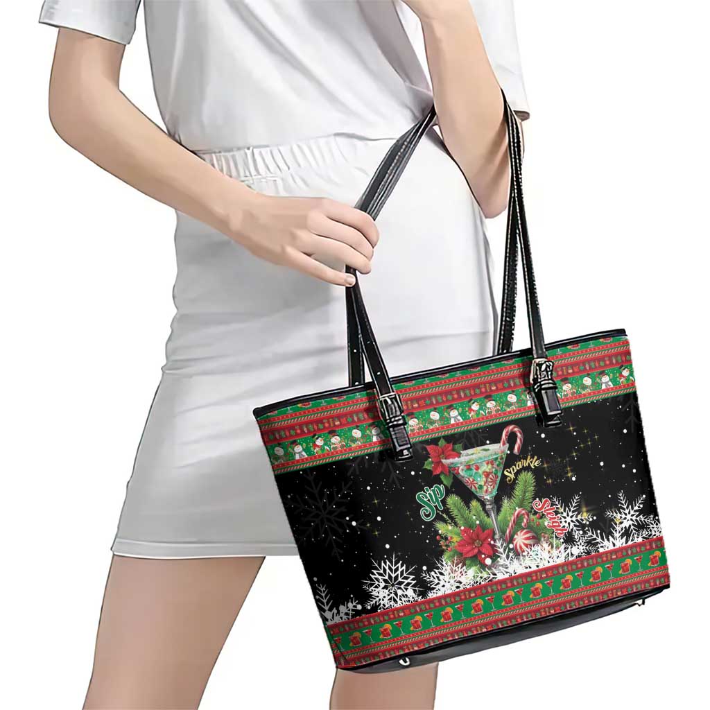 Sip Sparkle Sleigh Christmas Margarita Leather Tote Bag Funny Christmas Spirit - Wonder Print Shop